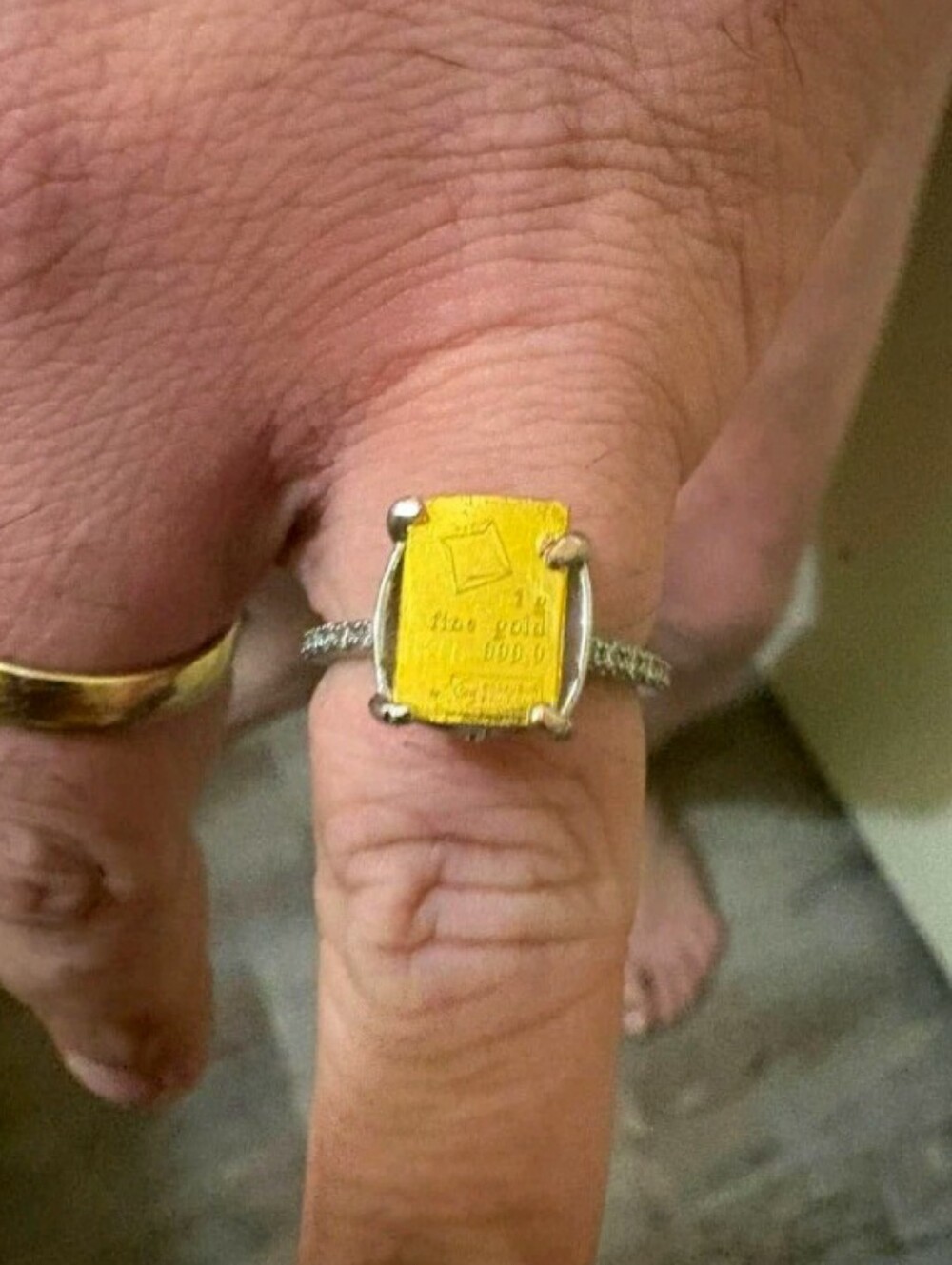 Custom Made Sterling Silver And 9999 Fine Yellow Gold Valcambi Bar Ring Sz 7-7.5
